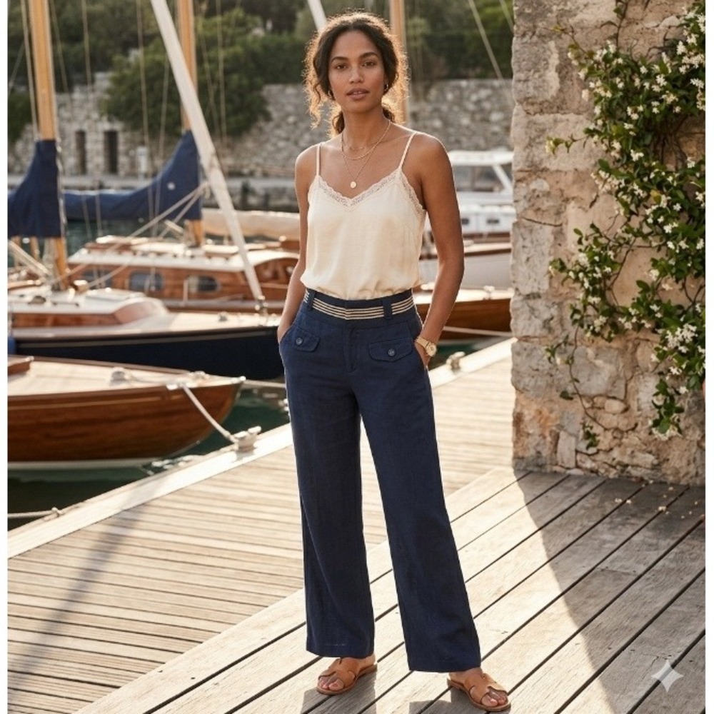 Anthro Elevenses Linen Pants Womens 12 Navy High Rise Trouser‎ Wide Leg Nautical